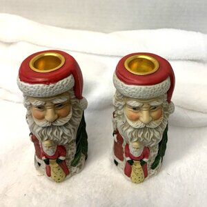 Vintage Brinnco Old World Santa Claus Candle Holders Christmas Pair 4.75”